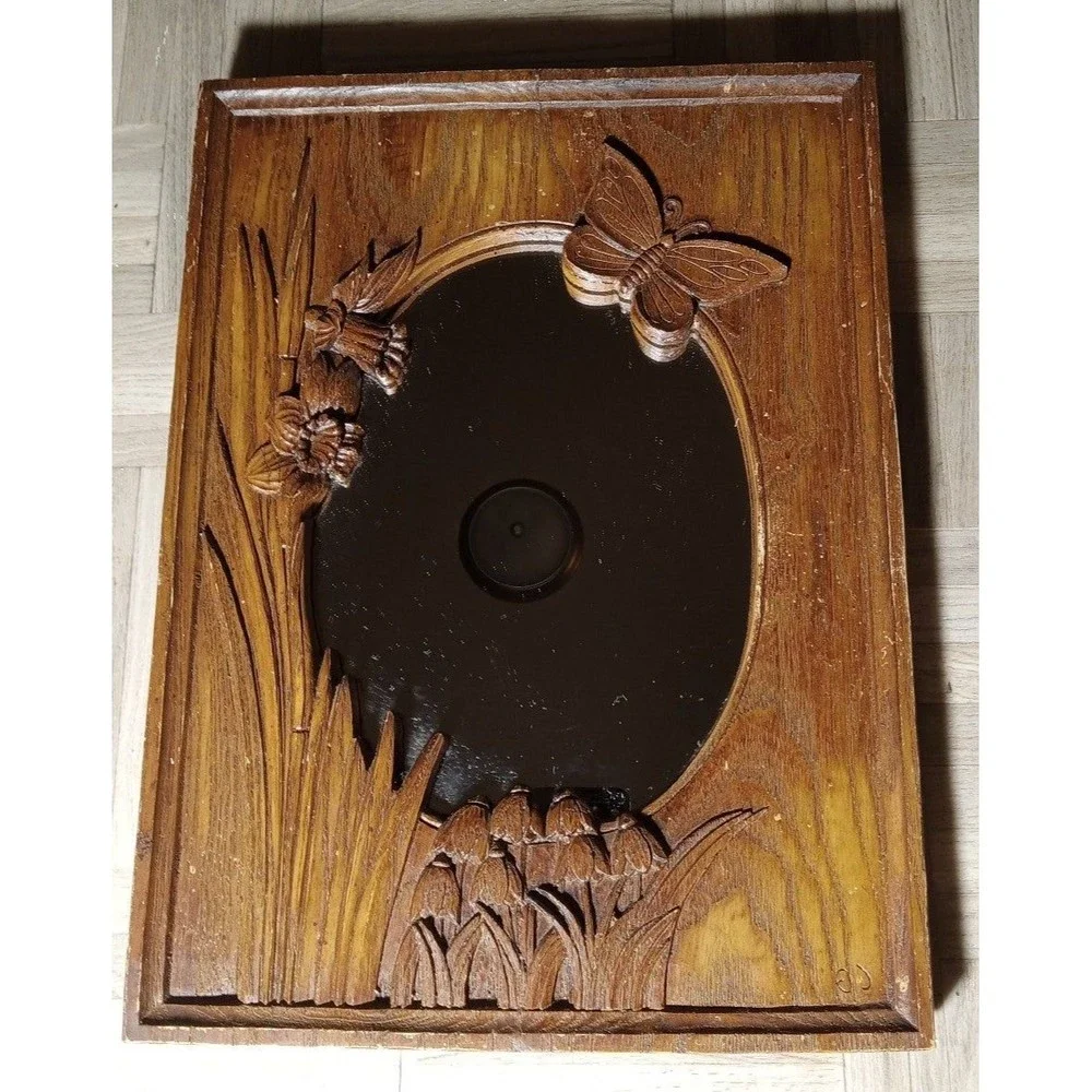 Vintage Einar Johansen Wood Carved Mirror 1976 Butterfly Daffodil Bluebells